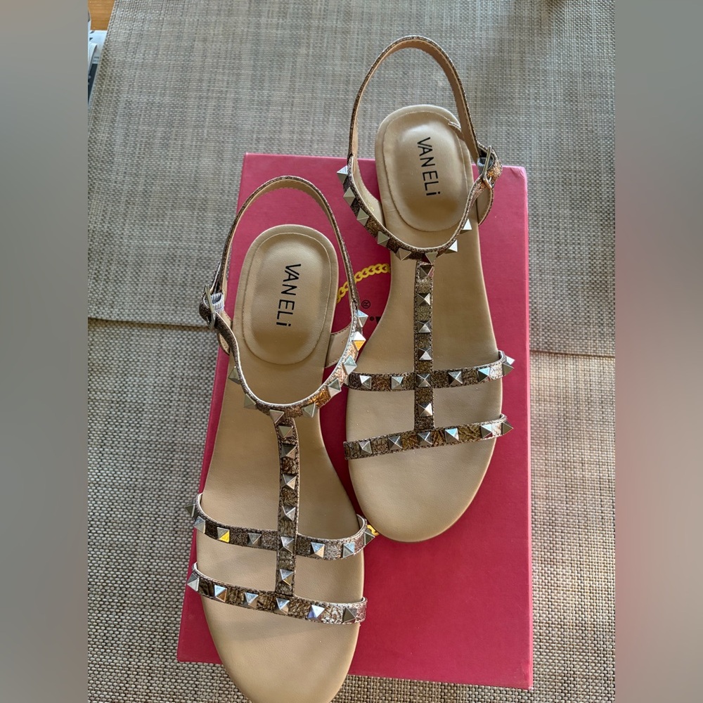 Vaneli Metallic Gold Pyramid-Stud T-Strap Sandals